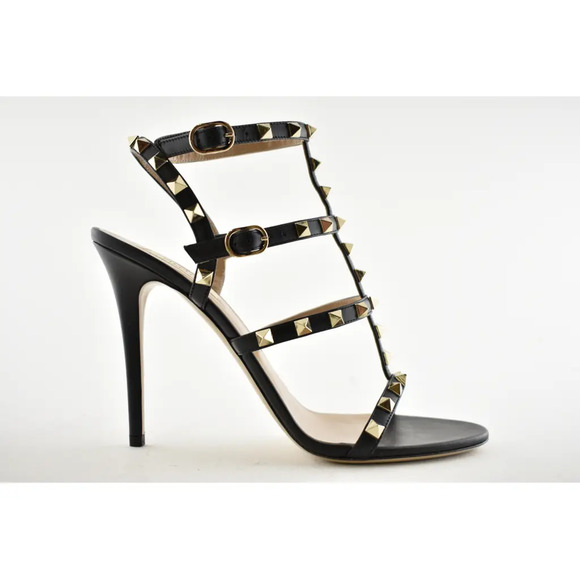 Valentino Rockstud 105 Black Leather Stud Caged Ankle Strap Sandal Heel Pump 40 - Picture 2 of 12